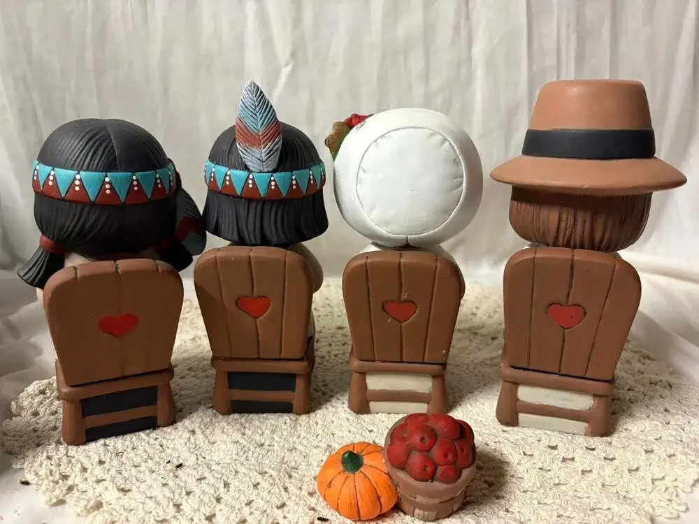 Vintage Thanksgiving Ceramic Figurine Set Pilgrim and Native American Children